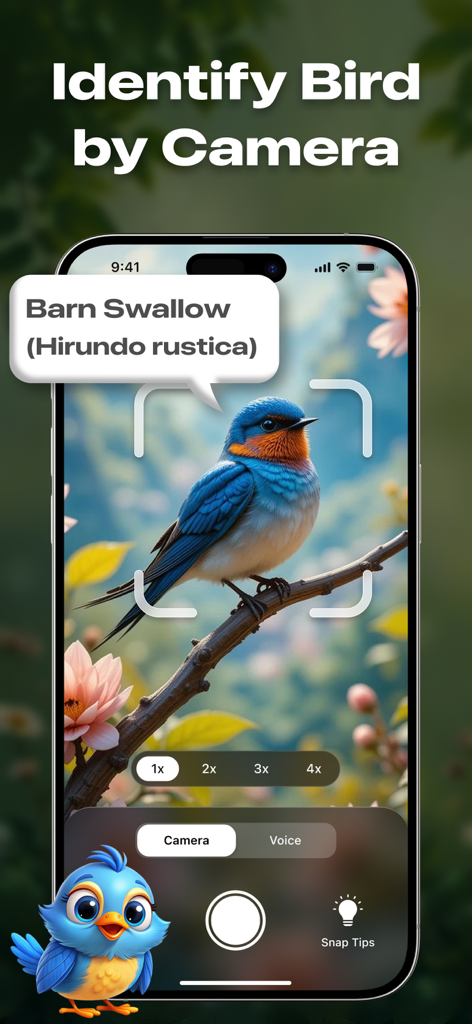 A smartphone screen from the Bird Identifier AI app identifying a bird using the camera feature