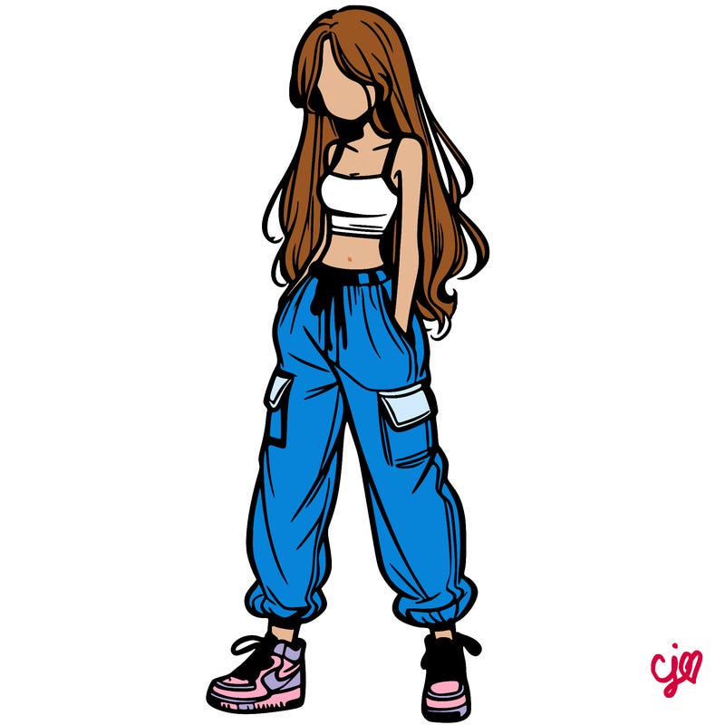 girl in baggy pants crop top and long hair