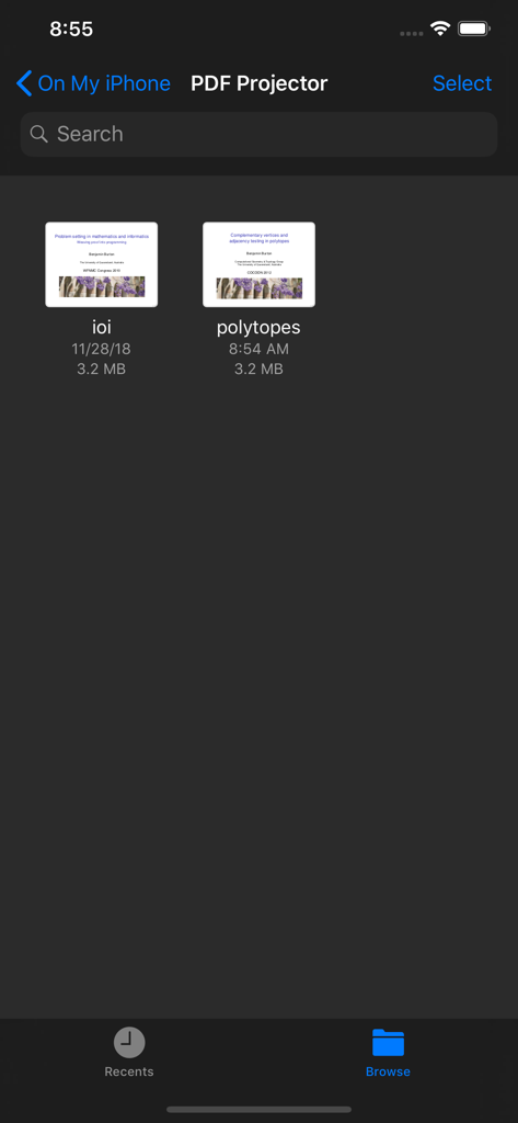PDF Projector app file browser showing presentation slides on an iPhone