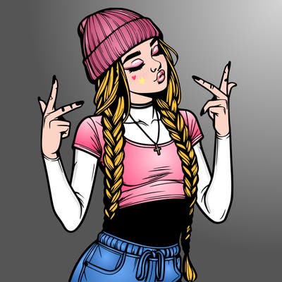 realistic teenage girl with braids and a beanie and crop top doing 🫶🏼