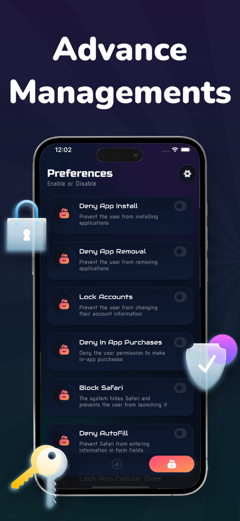 App Lock · - A mobile interface showing advanced management settings for app security including app installation and removal locks.