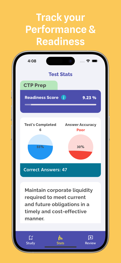 Mobile app screen showing CTP exam preparation test statistics including readiness score and answer accuracy