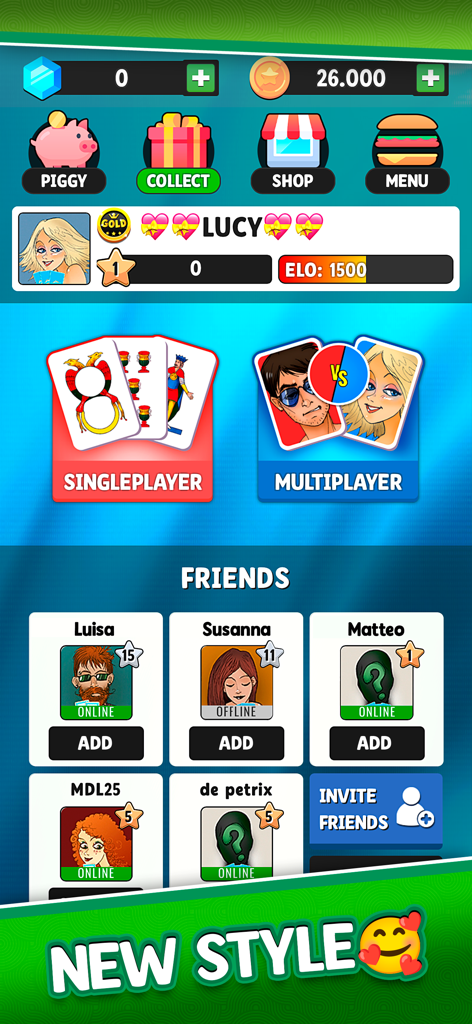 Tressette Più - Card Games - Main menu of Tressette Piu card game showing single player and multiplayer modes and a friends list
