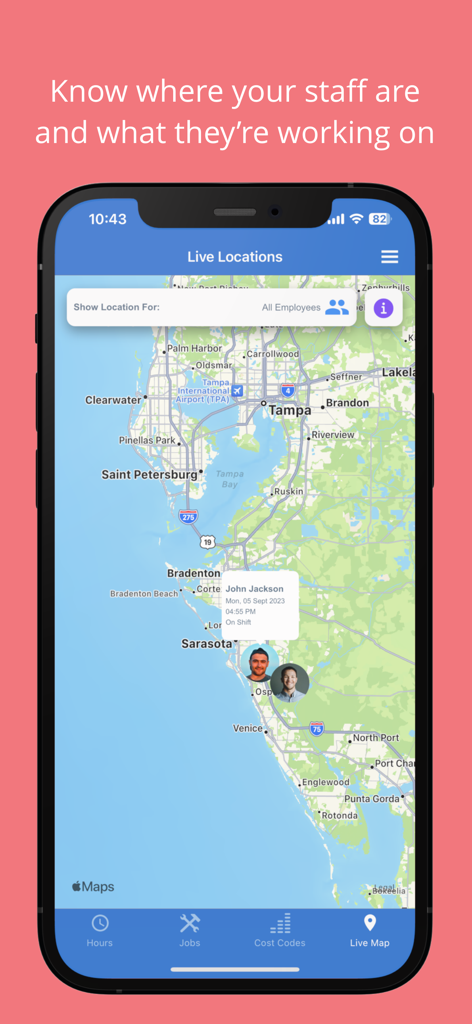 SINC app interface showing live GPS tracking of employees on a map