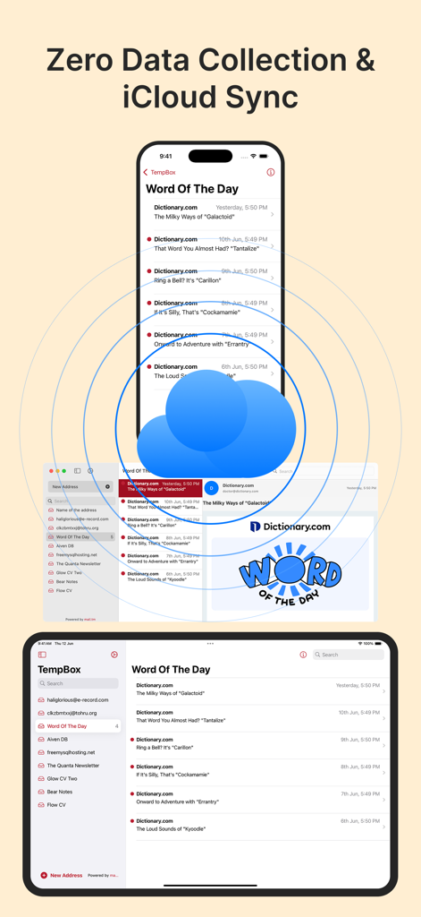 TempBox - Temp Mail - TempBox app interface shown across iPhone, iPad, and Mac highlighting zero data collection and iCloud synchronization features.