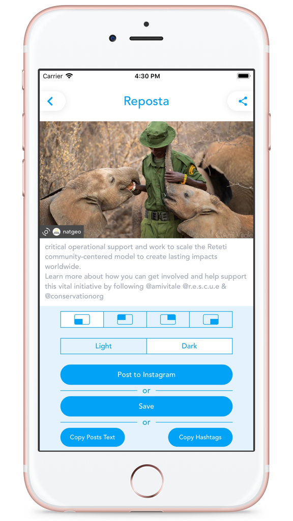 Reposta - Reposta mobile app interface showing a post from National Geographic being prepared for reposting with attribution and caption options.