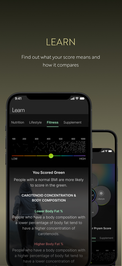 Nu Skin Prysm iO - Nu Skin Prysm iO app screen showing fitness scores and body composition wellness insights