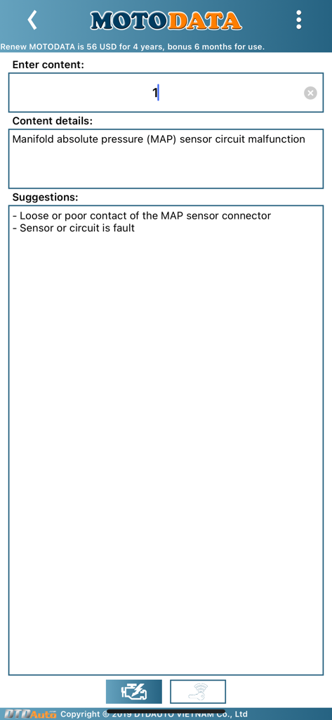 MOTODATA - Aplicación MOTODATA mostrando la búsqueda de códigos de falla de motocicletas y sugerencias de reparación