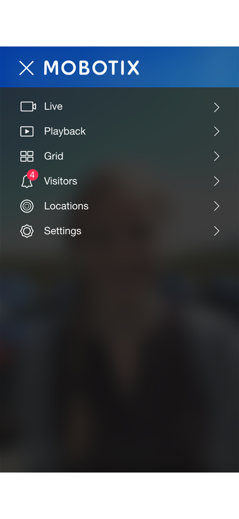 MOBOTIX LIVE - MOBOTIX LIVE app navigation menu showing options for live view, playback, and settings