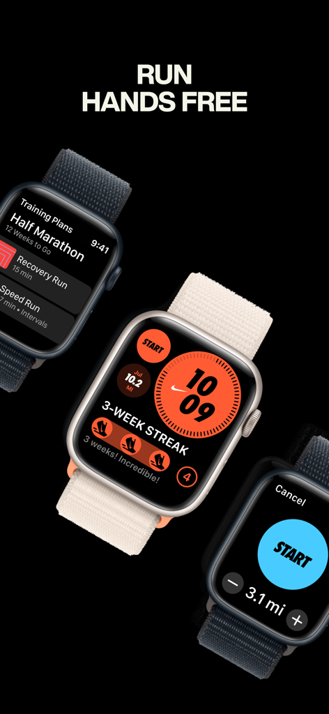 Nike Run Clubのトレーニングプランとランニング追跡機能を表示する3つのApple Watch