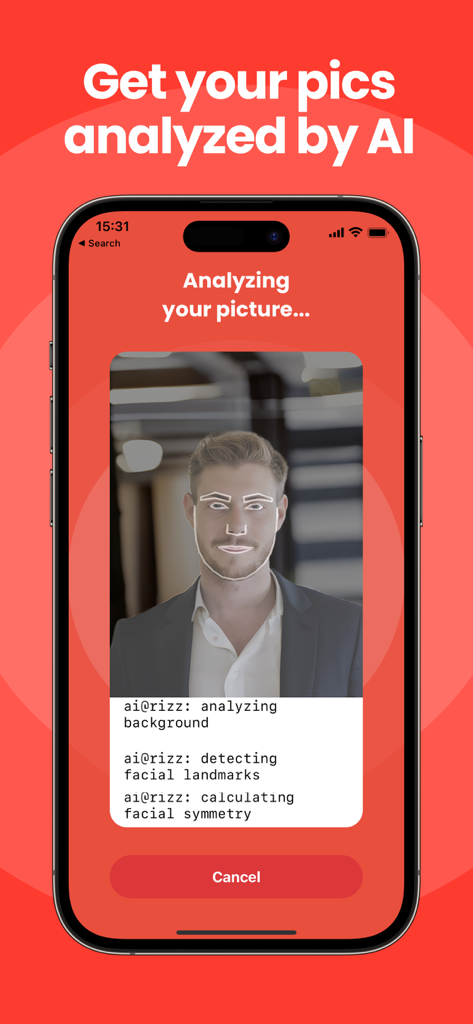 The Rizz app analyzing a dating profile photo using AI to calculate facial symmetry and detect landmarks.