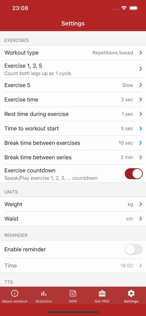 Settings screen of Caynax A6W abs workout app showing exercise and unit customization options
