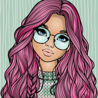 girl with long hair and freckles and glasses realistic