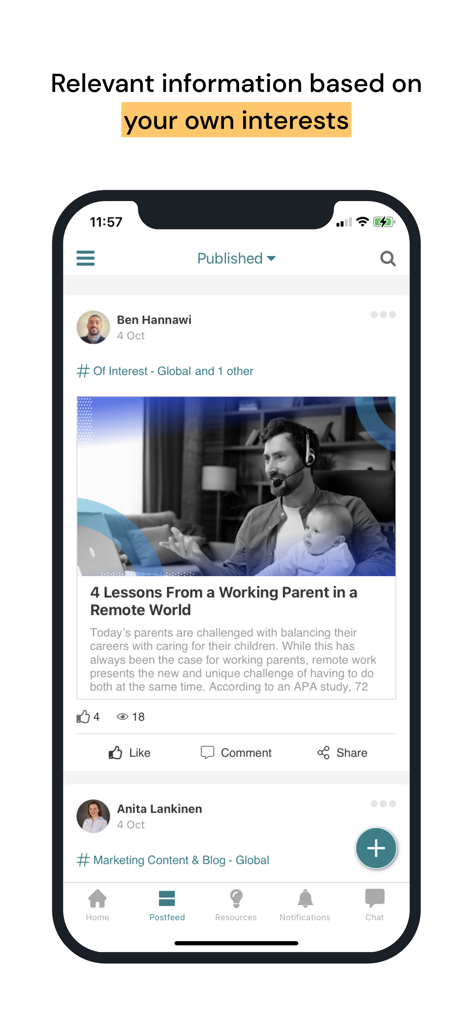 Haiilo Amplify - Interface of the Haiilo Amplify app displaying a personalized employee advocacy news feed with a post about remote work.