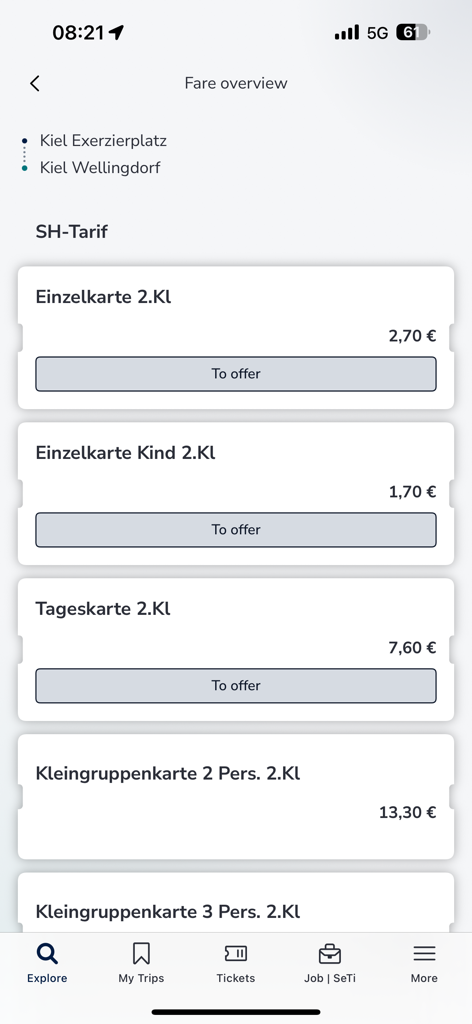 Oberfläche der NAH SH App mit einer Tarifübersicht und verschiedenen Ticketpreisen für Fahrten in Kiel