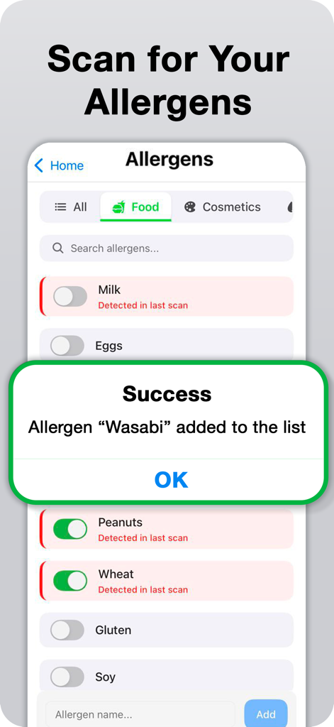 Allergen Test AI - AllerScan - Pantalla de la aplicación AllerScan que muestra la ventana emergente de éxito después de agregar Wasabi a la lista de alérgenos alimentarios personalizados.