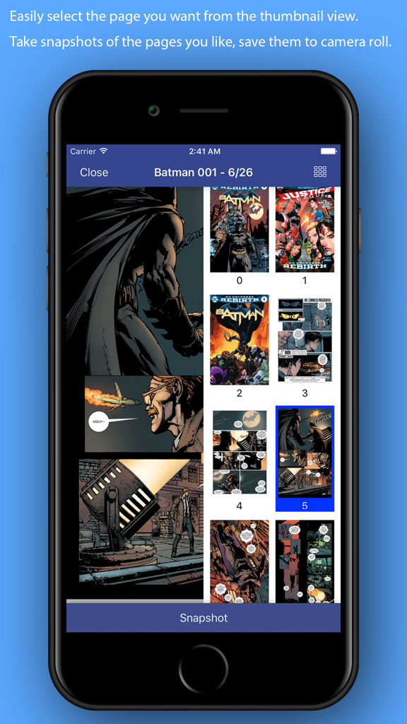Pantalla de iPhone que muestra miniaturas de páginas de cómics y la función de captura en Ultimate Comic Reader