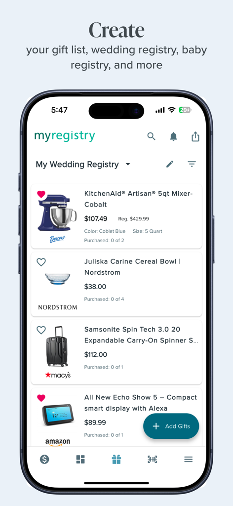 iPhone screenshot of the MyRegistry app showing a universal wedding gift list with items from Nordstrom Macy's and Amazon