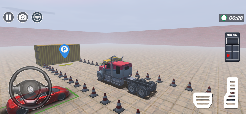 American Truck Driving Game 3d - A 3D truck simulation gameplay screen showing a semi truck maneuvering in a parking training area with traffic cones
