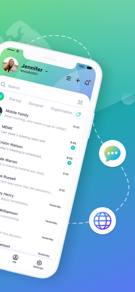 Letstalk IM - Letstalk IM mobile app chat interface showing categorized message lists for professionals