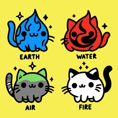 4 cats that represent the different elements, earth, water, air, and fire