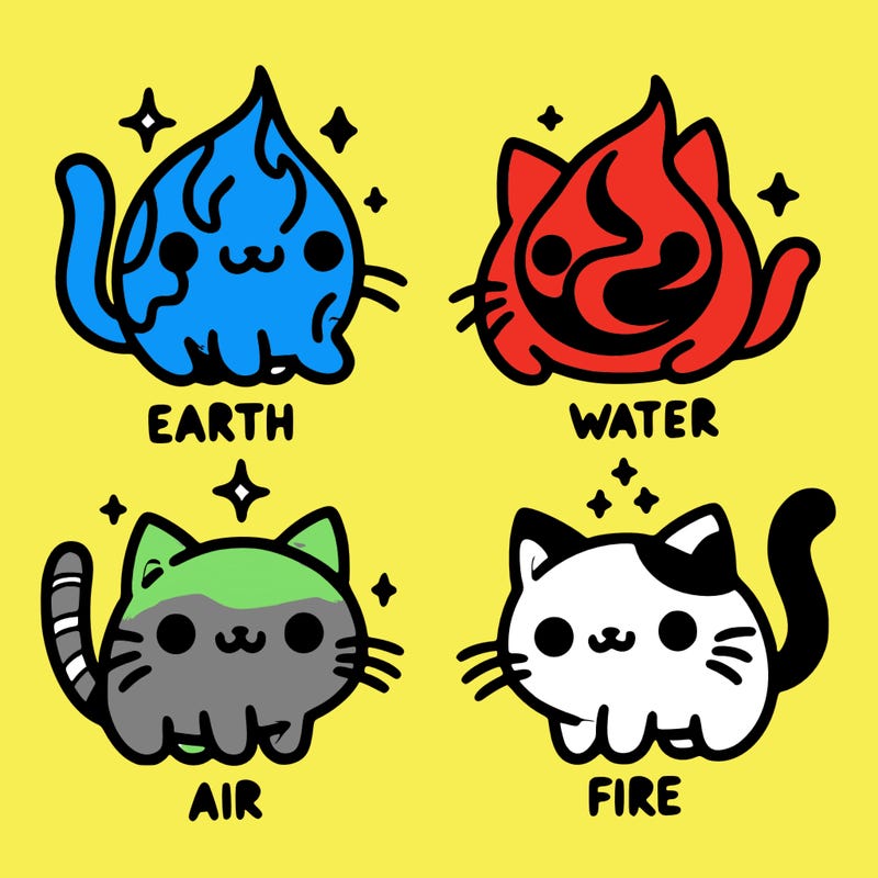 4 cats that represent the different elements, earth, water, air, and fire