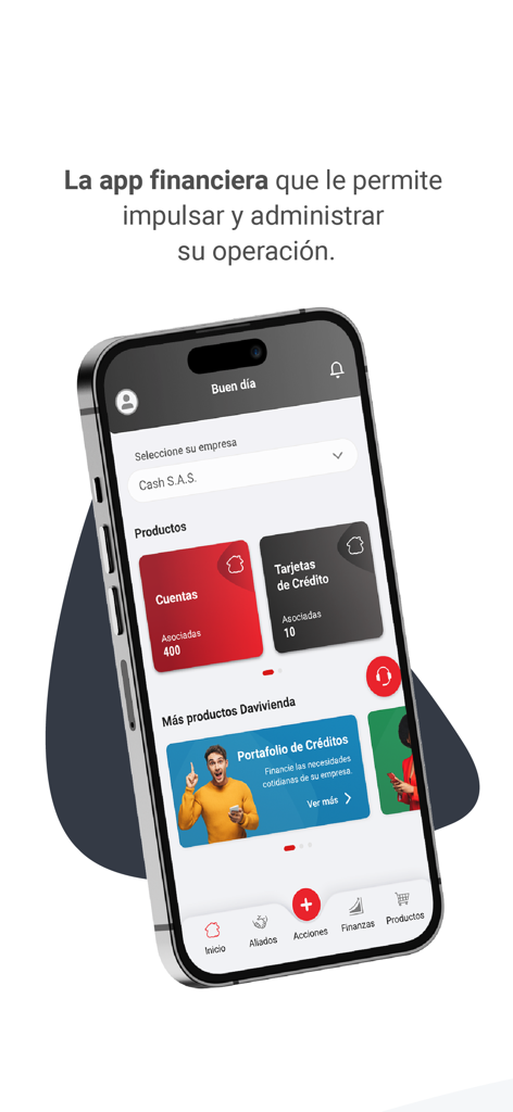 Interfaccia dell'app Davivienda Movil Empresas su smartphone che mostra prodotti finanziari aziendali e riepiloghi di conto.