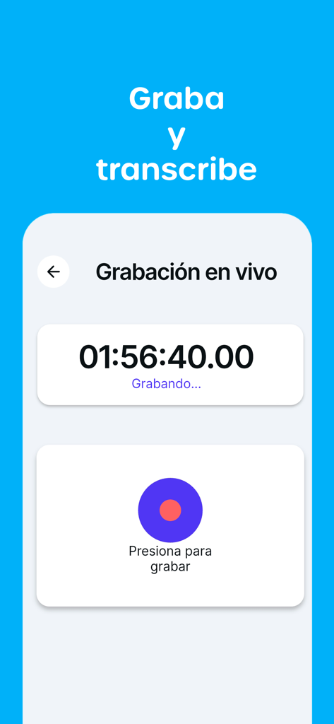 Anotamelo - Apuntes con IA - A mobile app interface showing a live recording session with a timer and a record button for transcribing lectures and meetings