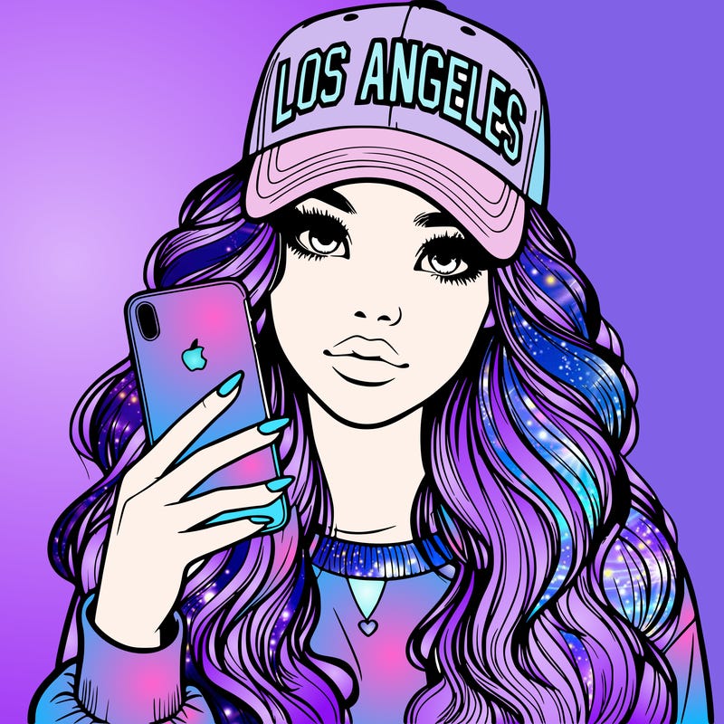 realistic beautiful girl wearing los ángeles cap holding an iphone