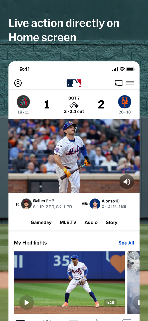 Mobile screen of the MLB app showing live scores and video highlights of a Major League Baseball game