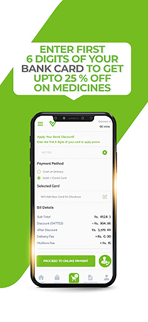 DVAGO - Pharmacy & Healthcare - DVAGO Apotheken-App Zahlungsbildschirm mit einem Bankkarten-Rabattangebot für Medikamente