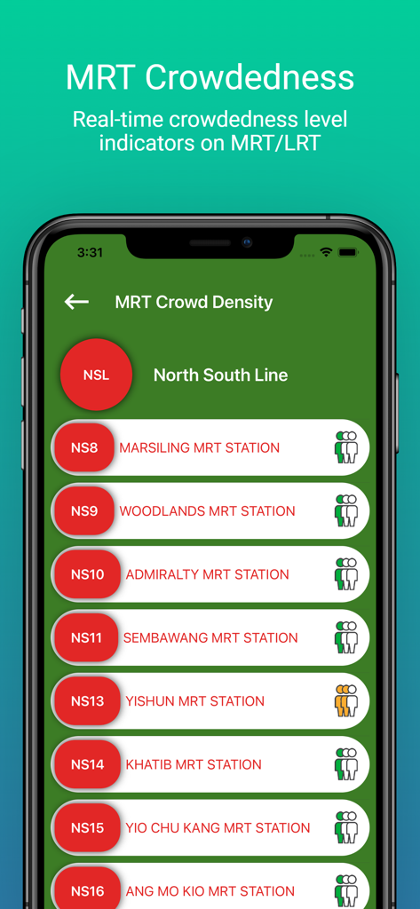 SG Bus (MRT map) - Mobile app screen showing real-time crowd density for Singapore MRT stations on the North South Line