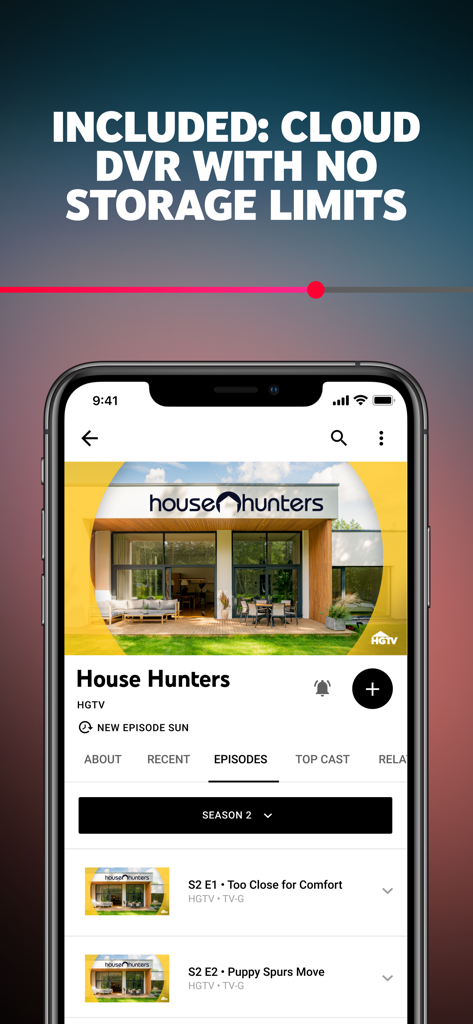YouTube TV - 무제한 클라우드 DVR 저장 공간과 House Hunters 에피소드를 보여주는 YouTube TV 스마트폰 인터페이스