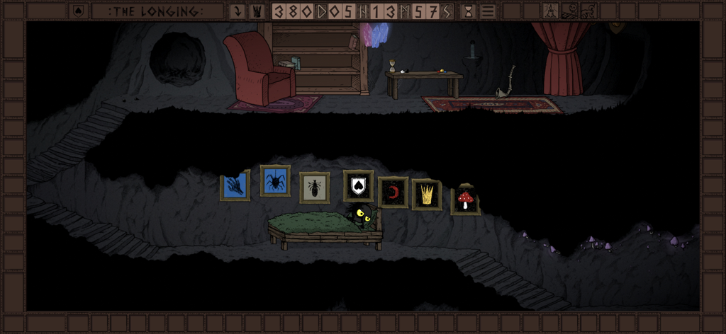 The Longing Mobile - Una habitación subterránea dibujada a mano que presenta al protagonista Sombra durmiendo en una cama debajo de una acogedora sala de estar