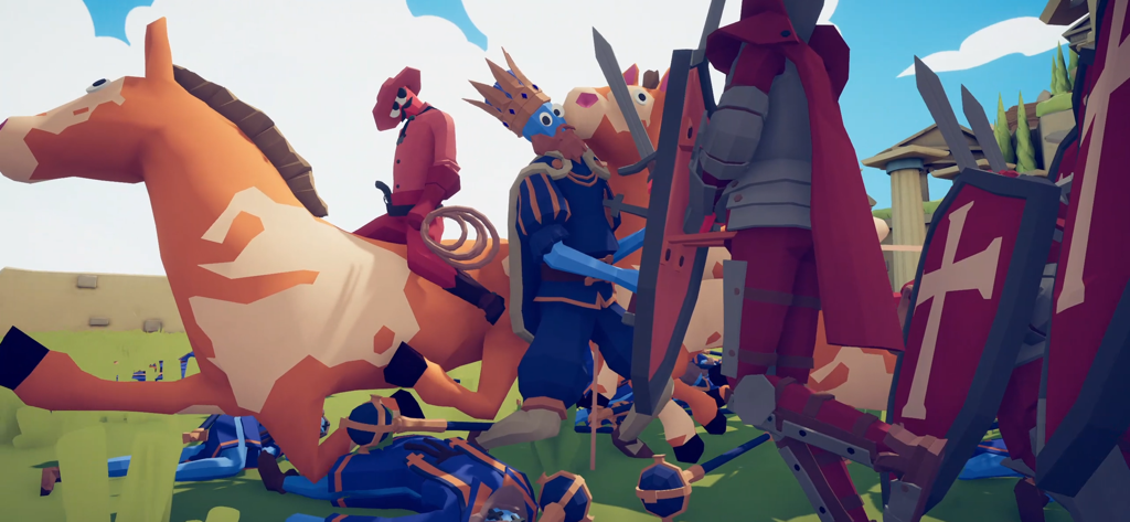 A blue king and red knights fighting in a wobbly physics based battle simulation