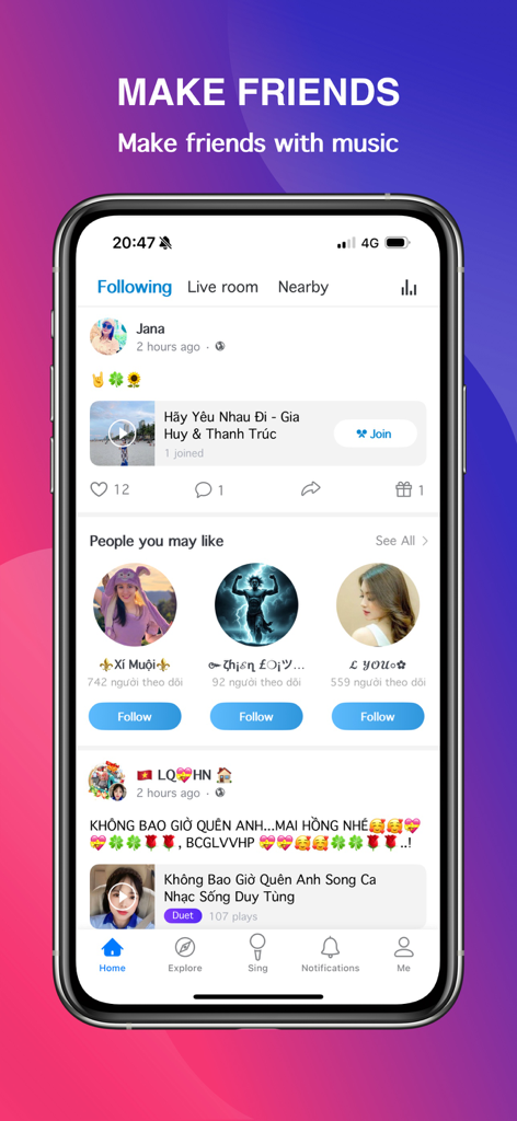 Hakara app social interface showing the community feed where users can follow singers and join musical duets