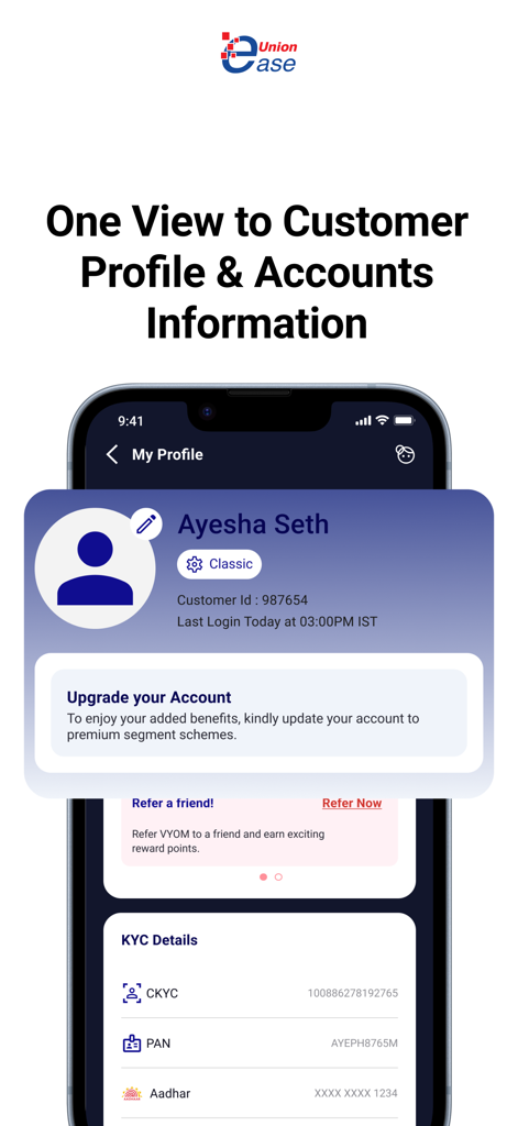 Vyom - Vyom app interface displaying customer profile details and account information
