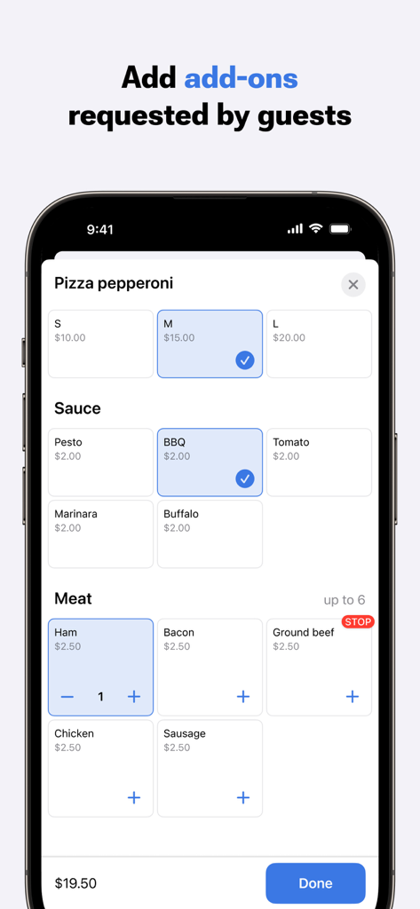 iikoWaiter Mobile App Bildschirm zur Anpassung von Restaurantbestellungen mit Modifikatoren und Toppings