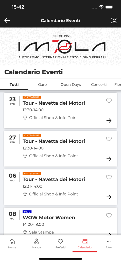 Calendario de eventos de la aplicación del Circuito de Imola que muestra giras y carreras programadas
