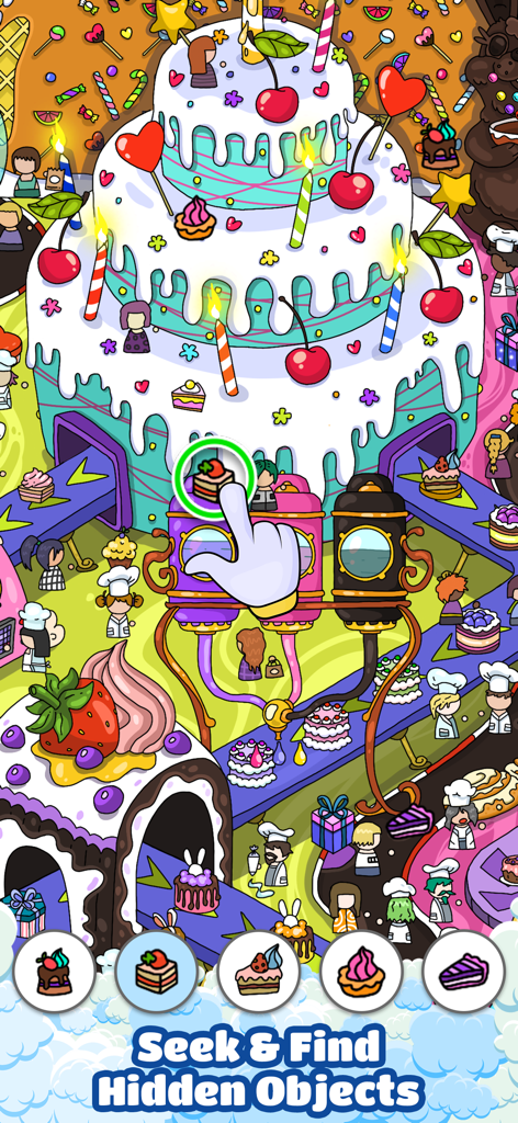 Scavenger Hunt－Hidden objects! - Una captura de pantalla de juego brillante y colorida de un juego de objetos ocultos con un pastel de varios pisos gigante y una búsqueda de postres.
