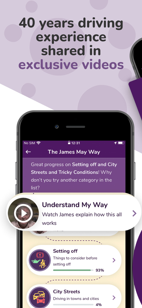 Driving Theory by James May - James May driving theory app screen showing exclusive video lessons and progress tracking for driving categories