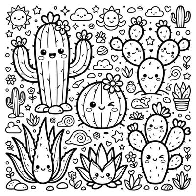Explore a delightful desert landscape brought to life with an adorable Kawaii twist! This charming coloring page features a variety of friendly cacti and succulents, all eager for your creative touch.