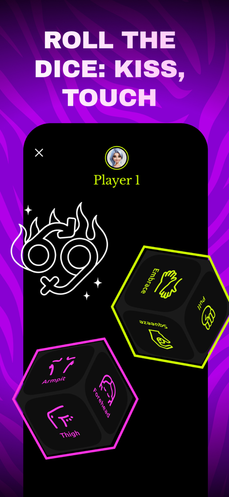 Captura de tela de um aplicativo de jogos para casais mostrando dois dados de neon com ações como abraçar e apertar, juntamente com partes do corpo como testa e coxa.