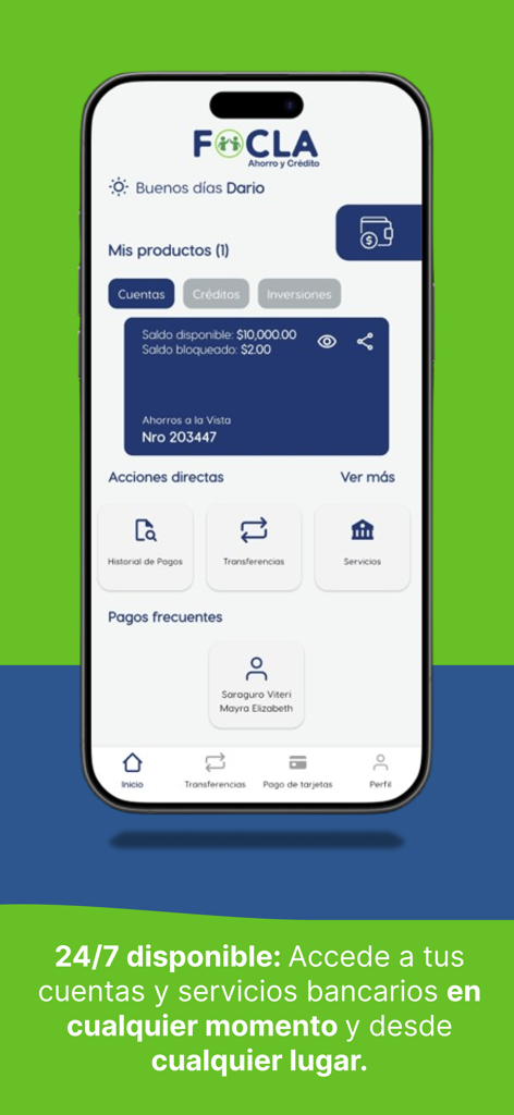 FOCLA Móvil - Pantalla principal de la aplicación bancaria FOCLA Movil mostrando el saldo de la cuenta y los servicios financieros en español