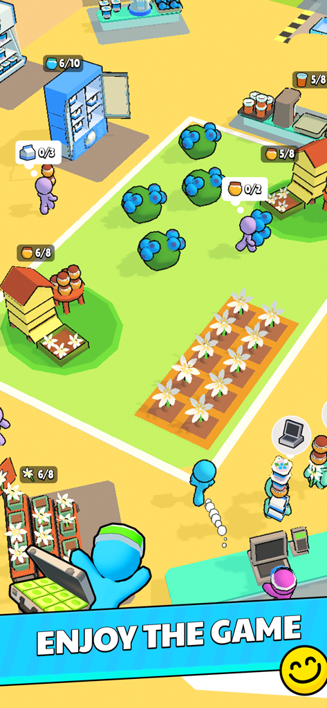 Vista de arriba hacia abajo de un personaje jugador gestionando una granja y una tienda en Mi Mini Súper.