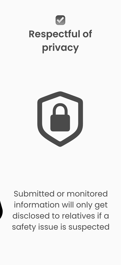 Dooinwell – Daily Check-in - Dooinwell app screen explaining that private information is only shared with relatives if a safety issue is suspected