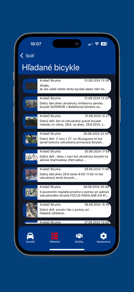 HAKA System+ - Una lista de bicicletas robadas reportadas con fotos y detalles en la aplicación HAKA System plus