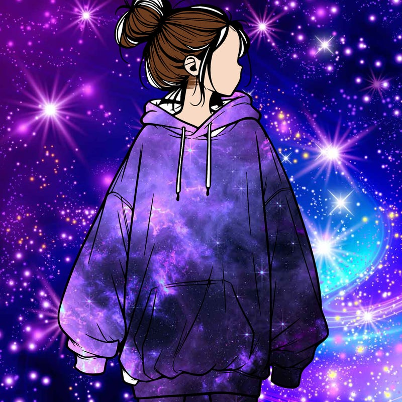 realistic girl with a oversized sweatshirt on and a bun