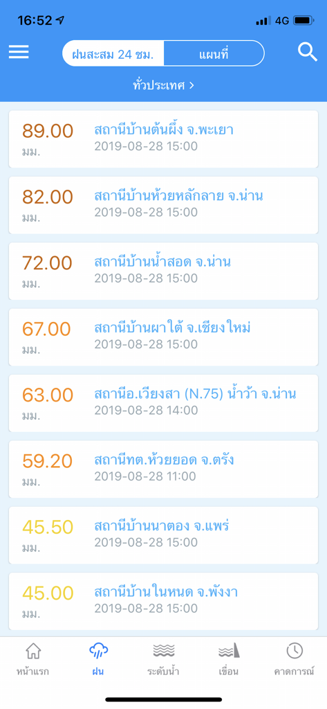 ThaiWater - Screenshot of the ThaiWater mobile app displaying a list of 24-hour accumulated rainfall measurements in millimeters for different locations in Thailand.
