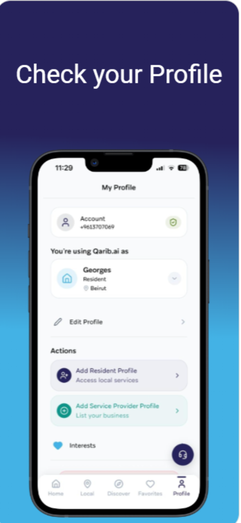 Qarib : Connect & Grow - Screenshot of the Qarib app profile page showing account settings and options to join as a resident or service provider.